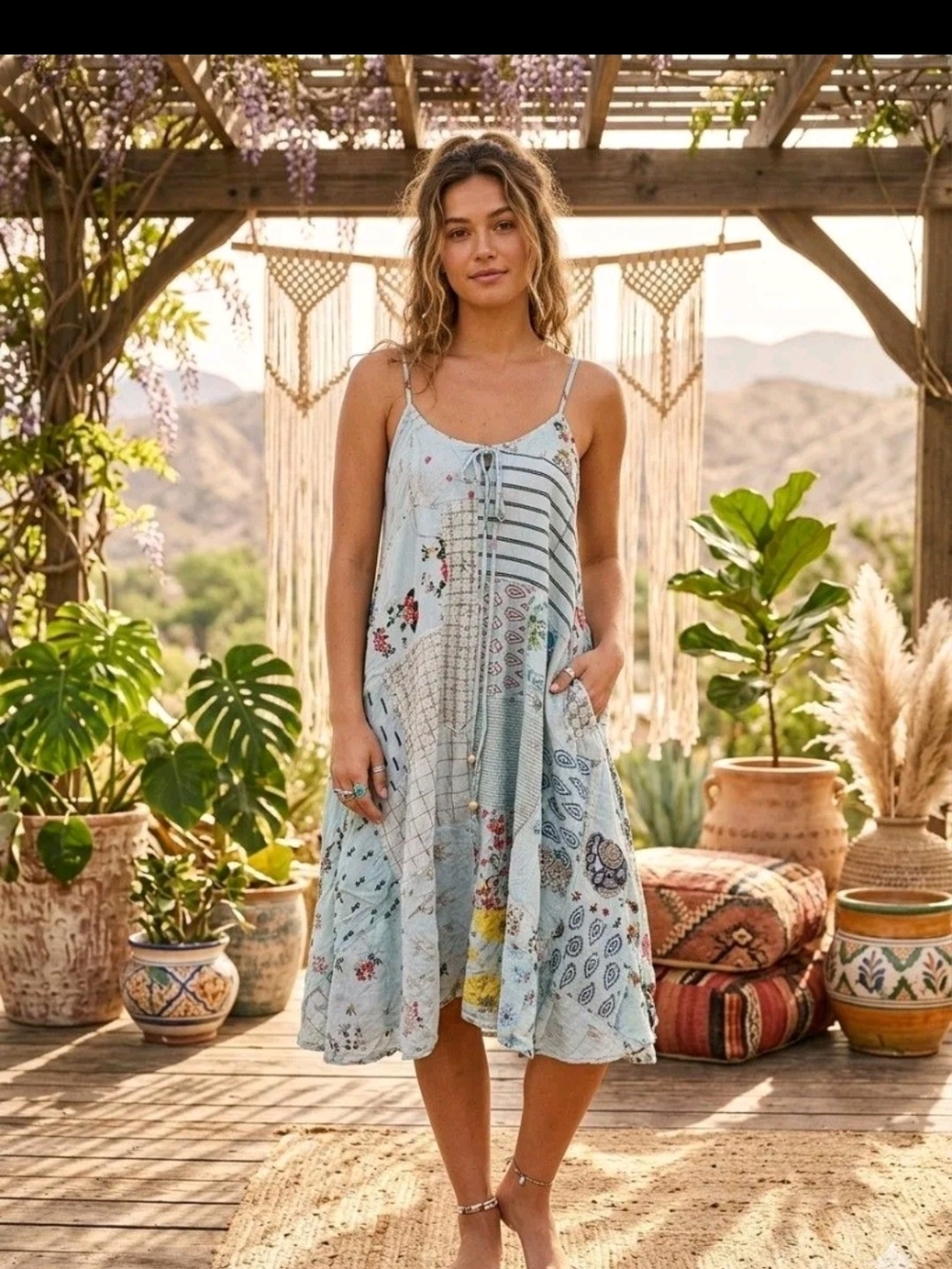 Jaded GypsyBoho Patchwork Light Blue Midi Dress with Spaghetti Straps